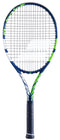 The Babolat Boost Drive Tennis Racket - Blue, featuring a black grip and graphite construction, is displayed against a plain white background with its blue, white, and green design.