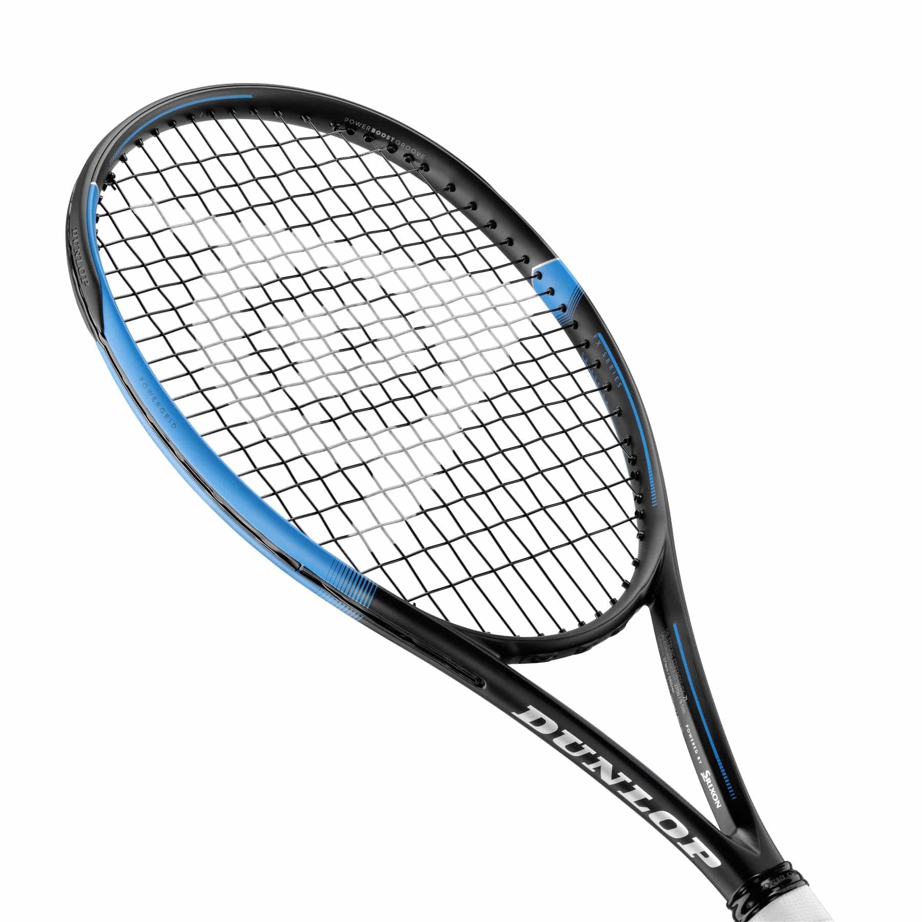 A Dunlop FX 500 Lite Tennis Racket - Black / Blue (Frame Only) is positioned against a white background, showcasing its Sonic Core technology. The grid-like string pattern enhances the bold Dunlop logo on the frame.