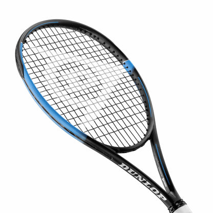 A Dunlop FX 500 Lite Tennis Racket - Black / Blue (Frame Only) is positioned against a white background, showcasing its Sonic Core technology. The grid-like string pattern enhances the bold Dunlop logo on the frame.