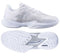 The Babolat Jet Mach 3 All Court Men's Tennis Shoes in White/Silver are displayed. The top shoe, incorporating Matryx Technology, showcases a silver logo on the side and a textured upper surface. Meanwhile, the bottom shoe highlights the patterned sole for improved traction and shock absorption.