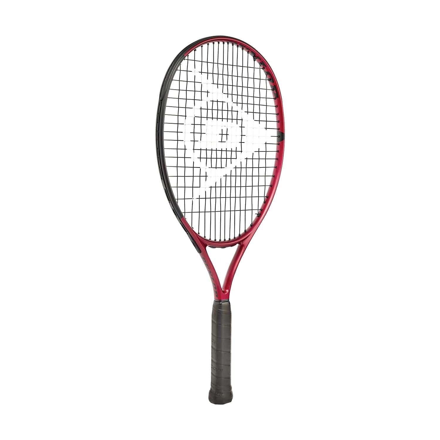 Introducing the Dunlop CX Junior 23 Tennis Racket, featuring a sleek red design with black strings and grip handle. Crafted from lightweight aluminium, this racket enhances power and spin for young players with its simple, modern aesthetic.