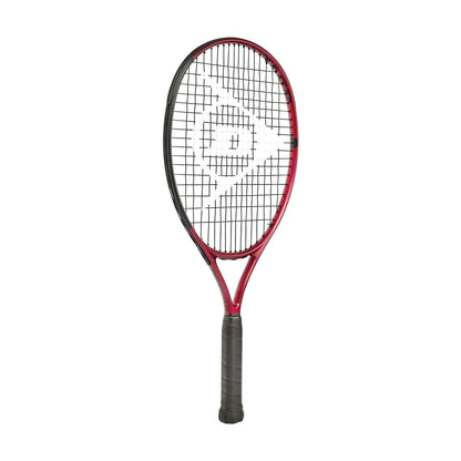 Introducing the Dunlop CX Junior 23 Tennis Racket, featuring a sleek red design with black strings and grip handle. Crafted from lightweight aluminium, this racket enhances power and spin for young players with its simple, modern aesthetic.
