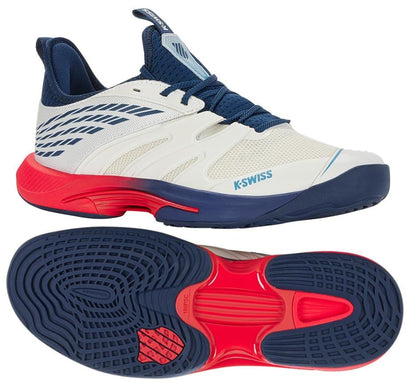 The K-Swiss Speedtrac Men's Tennis Shoes in White, Blue Opal, and Lollipop feature a white upper with blue accents and red soles. The "K-Swiss" branding appears in blue on the side. These shoes are designed for performance, featuring a textured sole for enhanced outsole durability and lightweight mid-foot support, seamlessly blending style with functionality.