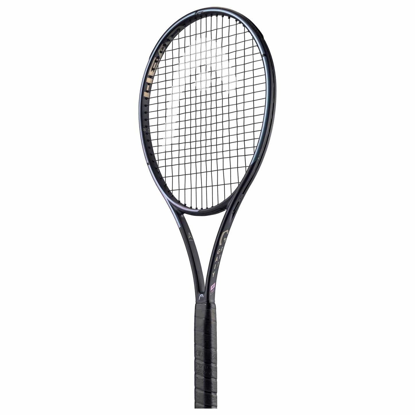 The HEAD Gravity MP 2023 Tennis Racket - Black features a sophisticated design with an expansive sweetspot. Its string pattern and Auxetic technology elevate performance, complemented by the perfectly wrapped black grip. The detailed structure stands out against a simple white background.