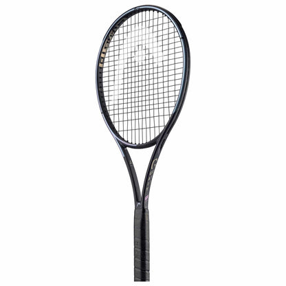 The HEAD Gravity MP 2023 Tennis Racket - Black features a sophisticated design with an expansive sweetspot. Its string pattern and Auxetic technology elevate performance, complemented by the perfectly wrapped black grip. The detailed structure stands out against a simple white background.