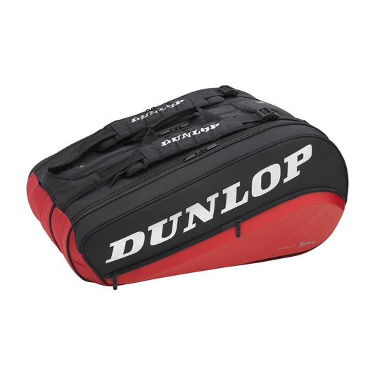 The Dunlop CX Performance 8 Racket Thermo Tennis Bag in black and red is expertly crafted by Dunlop for transporting tennis gear. It includes thermo insulation, a zippered compartment, and two durable straps for convenient carrying.
