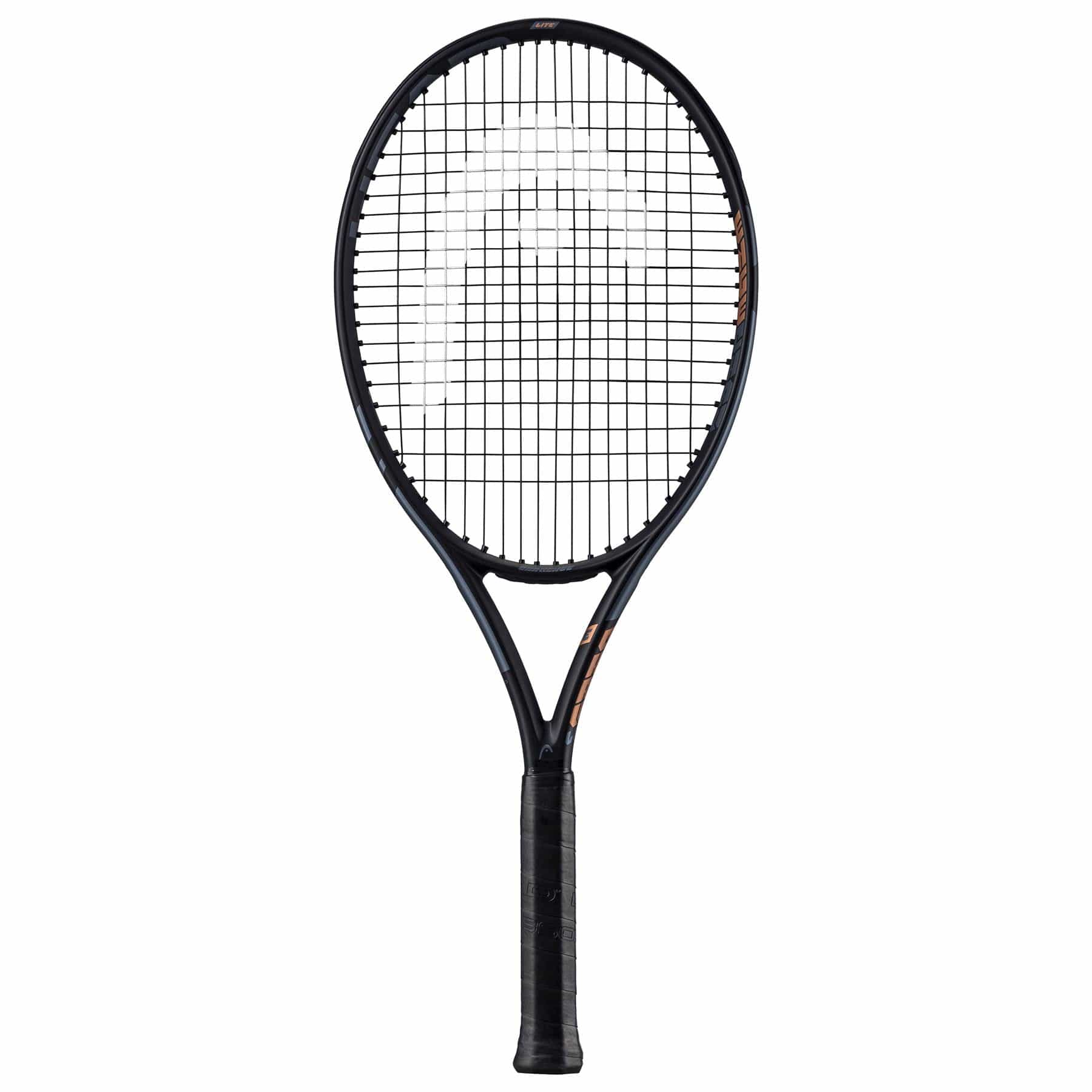 The HEAD IG Challenge Lite Tennis Racket in copper, crafted with graphite construction, showcases a crisscross string pattern and a textured grip handle, making it ideal for beginner players. It is presented elegantly against a plain white background.