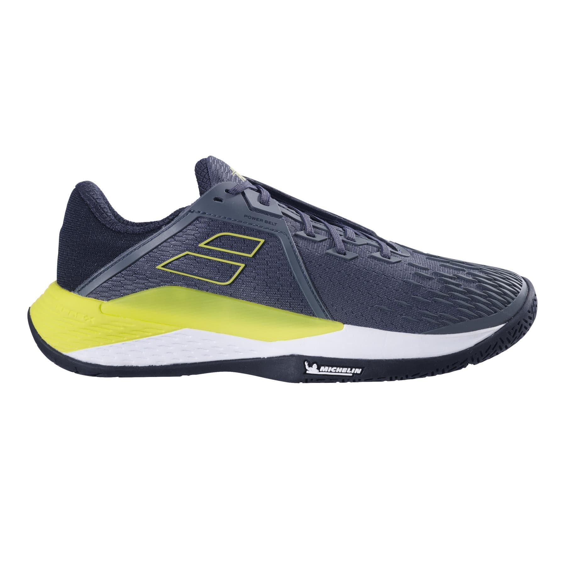 A side view of the Babolat Propulse Fury 3 All Court Men's Tennis Shoes in grey and aero, showcasing lime green accents and a mesh upper. The shoe features a white and black sole with "Michelin" branding, making it ideal for tennis enthusiasts seeking both style and performance.