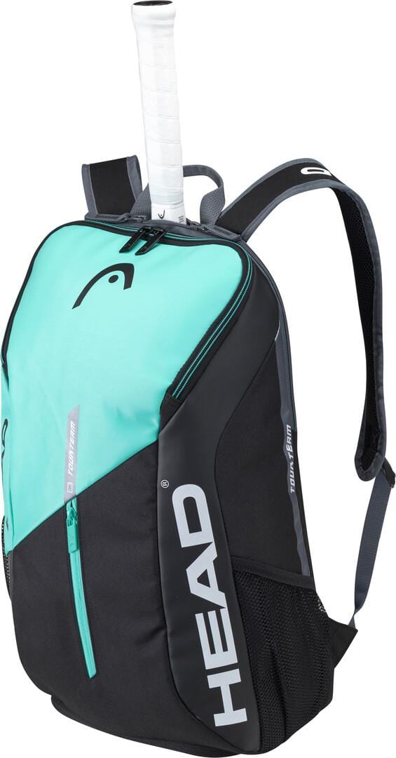 Introducing the HEAD Tour Team Tennis Backpack in Black and Mint, a stylish choice for dedicated tennis players. This backpack features a distinctive racquet compartment with an exposed handle, adjustable straps for comfort, a convenient front zipper pocket, mesh side pockets, and a separate shoe compartment to enhance your playing experience.