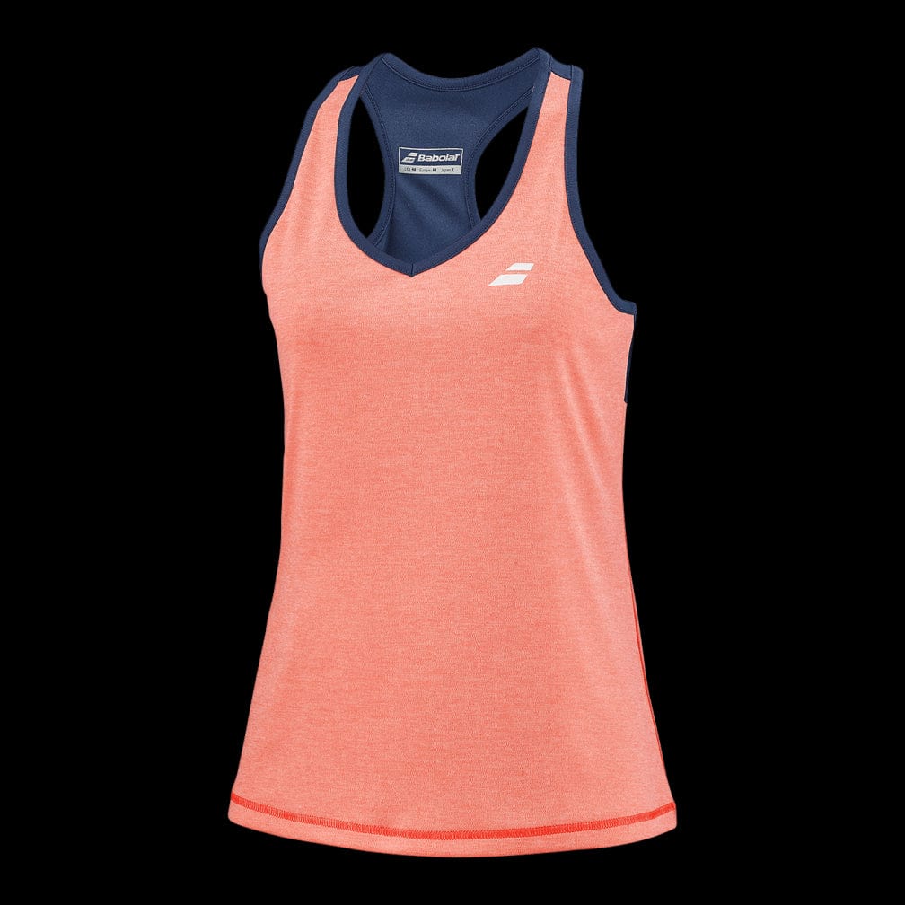The Babolat Play Women's Tennis Tank Top in Fluo Strike and Estate Blue is a sleeveless athletic top made from Fiber Dry-polyester, offering superior freedom of movement. It features stylish navy blue trim and neckline accents, along with a small logo on the chest that stands out against the vibrant design.