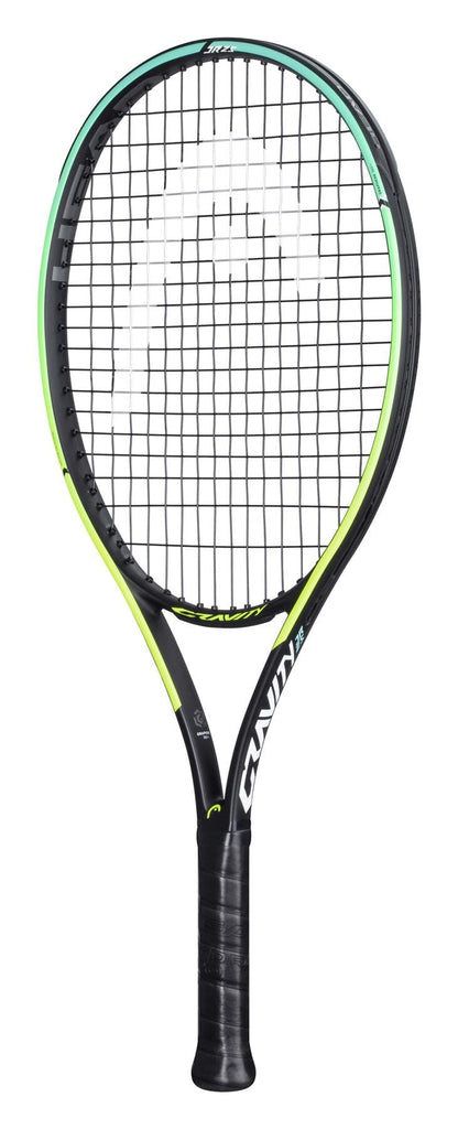 The HEAD Gravity Junior 2021 Tennis Racket - Black features a striking black and green design with a distinctive white logo on the strings. Its frame, utilizing advanced Graphene 360+ technology, elegantly combines matte and glossy finishes with signature brand patterns. Designed specifically for junior players, the grip is wrapped in sophisticated black material.