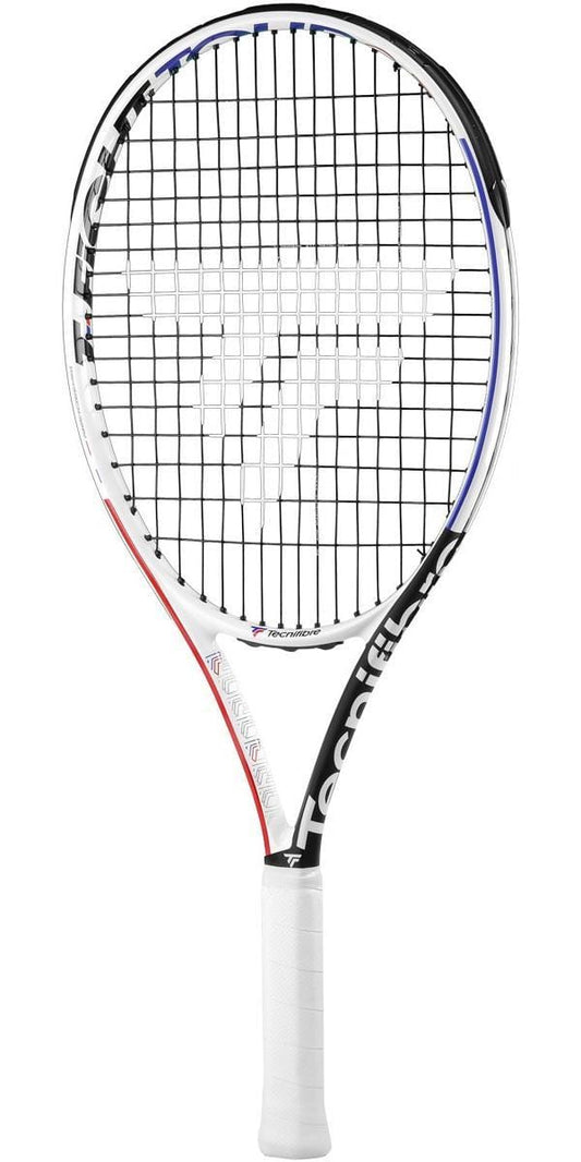 The Tecnifibre T-Fight 25 Tour Junior Tennis Racket - White is a high-performance racket with a sleek black, white, and red frame complemented by a white grip. Made from graphite, its strings are intricately patterned, displaying the "Tecnifibre" brand name prominently on the frame.