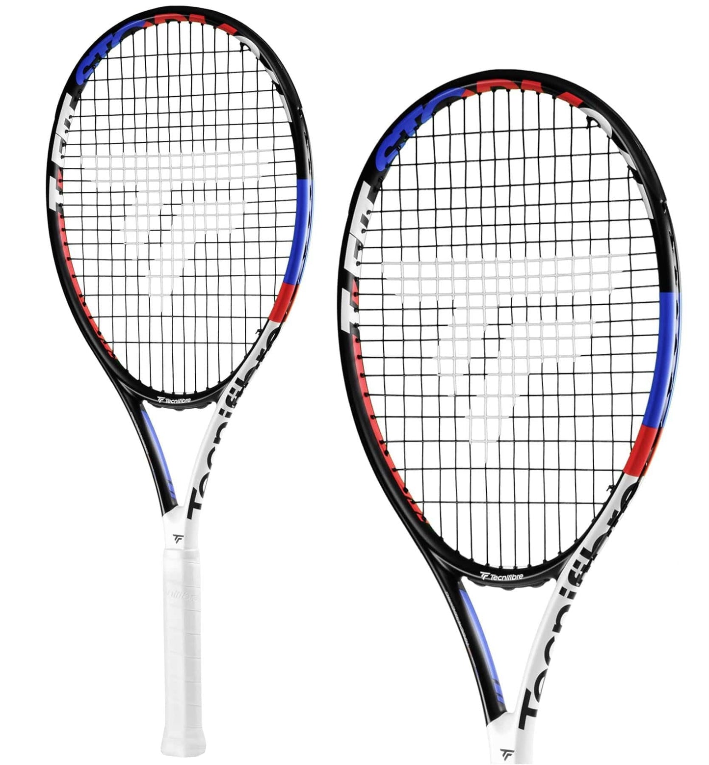 Two Tecnifibre TFit 265 Storm 2021 tennis rackets with a black frame, accented with red and blue, and white grips. The Tecnifibre logo is displayed on the strings. This beginner-friendly racket offers a sleek, modern appearance, making it an ideal choice for newcomers to the game.