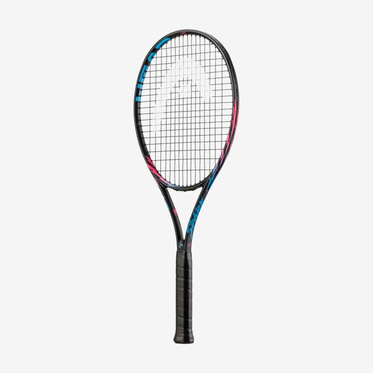 The HEAD MX Spark Pro Tennis Racket in black, featuring METALLIX™ technology, showcases a dynamic design with blue and pink accents on the frame against a simple light gray background. Ideal for beginners, this racket merges style with practicality.