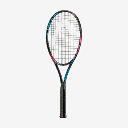 The HEAD MX Spark Pro Tennis Racket in black, featuring METALLIX™ technology, showcases a dynamic design with blue and pink accents on the frame against a simple light gray background. Ideal for beginners, this racket merges style with practicality.