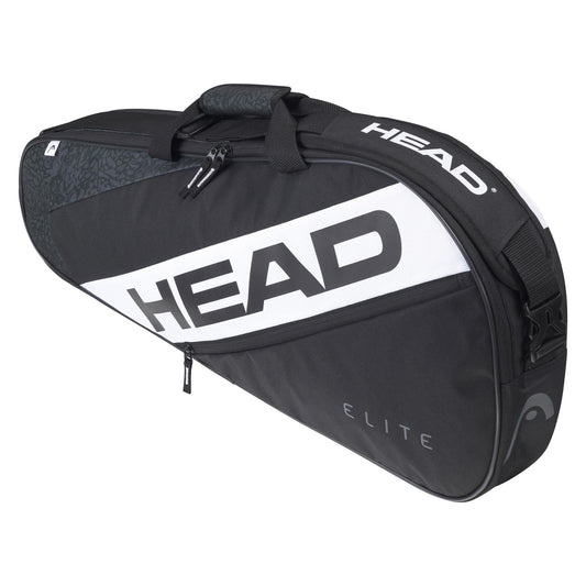 The HEAD Elite 3R Tennis Bag in Black/White, designed to accommodate up to three rackets, prominently displays the HEAD brand name on its side. This tennis bag is crafted for durability and features multiple zippers, a carrying handle, and an adjustable shoulder strap. The word "ELITE" is stylishly printed near the bottom.