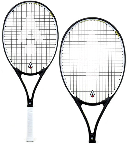Two Karakal Pro Composite Tennis Rackets in black and white are displayed side by side. Each racket features a prominent geometric logo on its strings. Tailored for beginner to intermediate players, these rackets showcase a graphite composite construction with sleek frames and white handles.