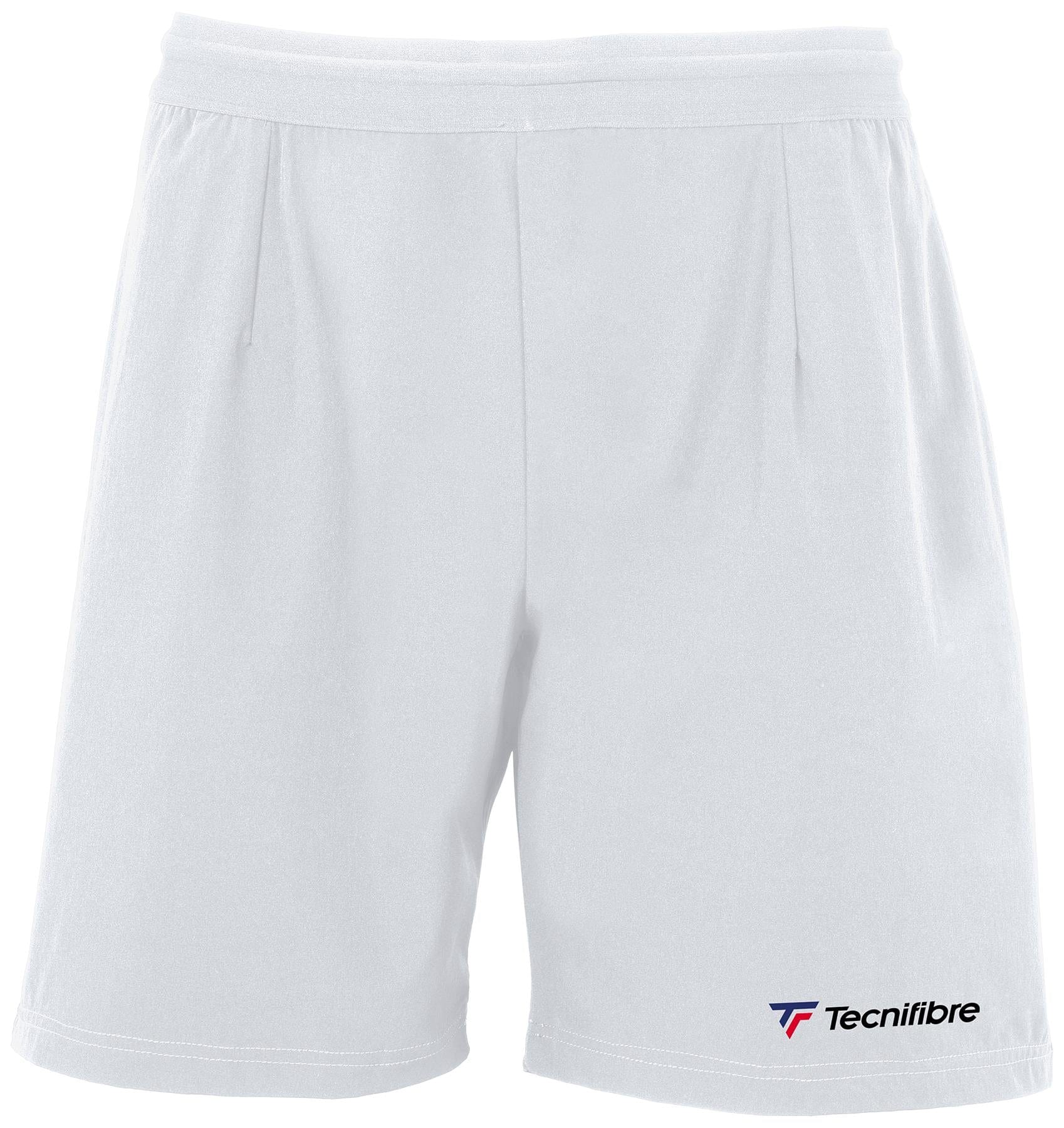 Tecnifibre Men's Stretch Tennis Shorts in white feature the Tecnifibre logo in the bottom right corner and are designed to provide comfort and flexibility for dedicated tennis players.