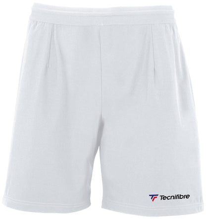 Tecnifibre Men's Stretch Tennis Shorts in white feature the Tecnifibre logo in the bottom right corner and are designed to provide comfort and flexibility for dedicated tennis players.