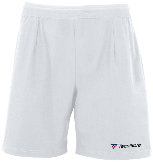 Tecnifibre Men's Stretch Tennis Shorts in white feature the Tecnifibre logo in the bottom right corner and are designed to provide comfort and flexibility for dedicated tennis players.