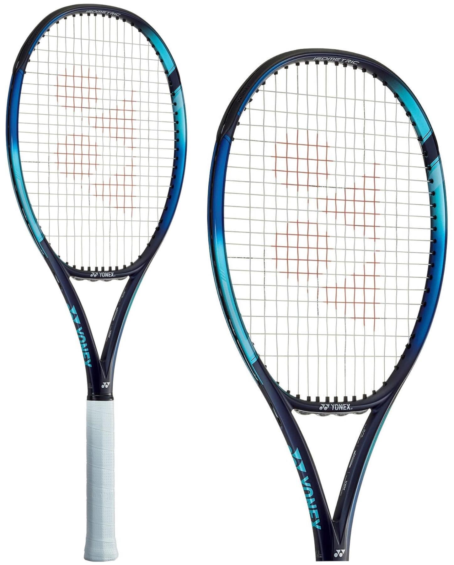 Displayed against a white background are two Yonex EZONE 105 Tennis Rackets in sky blue frames featuring black accents and white grips. The rackets are adorned with the Yonex logo on their strings and incorporate Vibration Dampening Mesh (VDM) technology for improved performance.