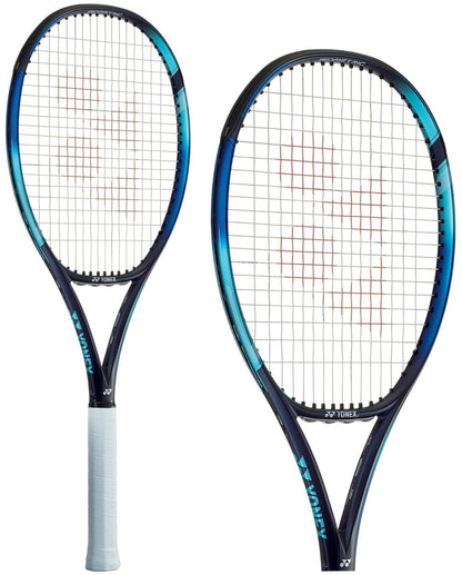 Displayed against a white background are two Yonex EZONE 105 Tennis Rackets in sky blue frames featuring black accents and white grips. The rackets are adorned with the Yonex logo on their strings and incorporate Vibration Dampening Mesh (VDM) technology for improved performance.