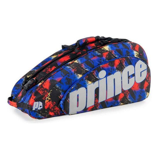 Introducing the Prince Hydrogen Random 9 Racket Tennis Bag, crafted with a striking blue, red, and multi-color abstract pattern. The "Prince" logo is prominently displayed in bold white letters along the side. This bag features multiple compartments, adjustable shoulder straps, and thermal protective lining for effortless carrying and gear protection.