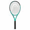 The HEAD IG Challenge MP Tennis Racket in a mint and black color scheme, crafted with Innegra graphite, features a grid of strings and is equipped with a black grip handle. It is showcased vertically against a white background.