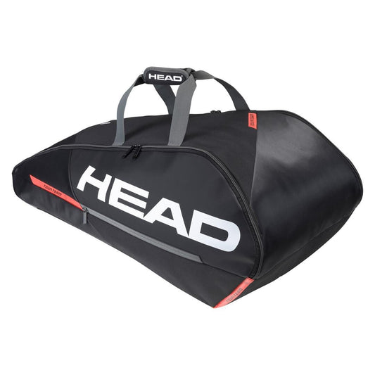The product is the HEAD Tour Team 9R Supercombi 9 Racket Tennis Bag, featuring a black trapezoidal design with the brand "HEAD" prominently displayed in white letters. It includes a racket compartment with gray handles and striking orange accents on the sides. The bag's climate control technology ensures secure transport of your sports equipment.