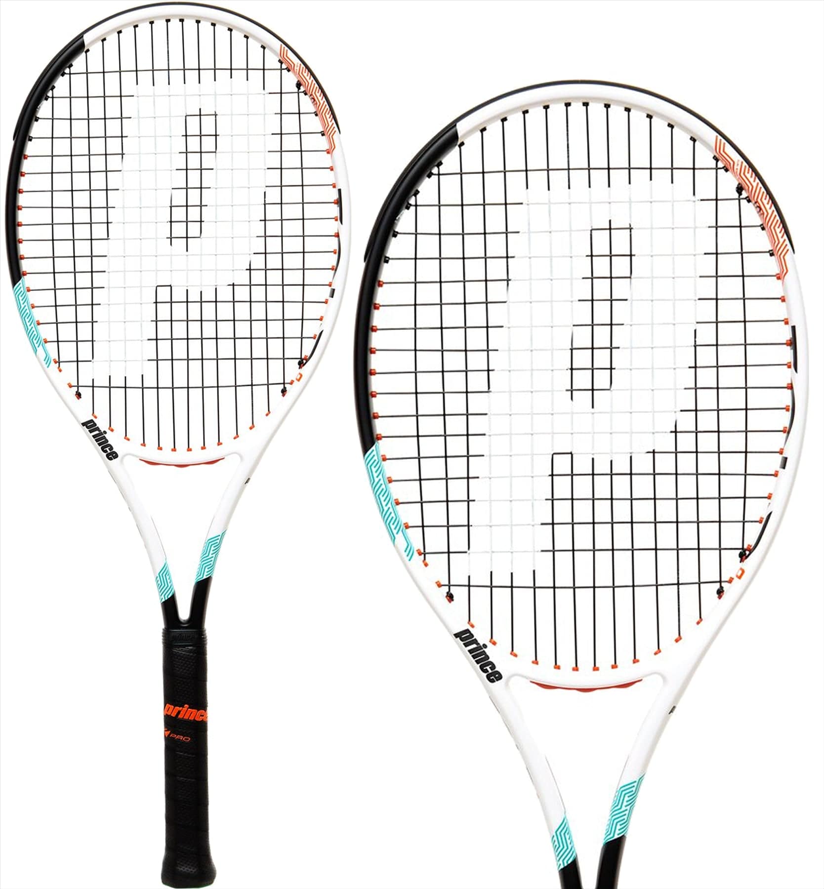 Two Prince Tour 100 310g tennis rackets in black and white, featuring a prominent "P" design on the strings. The rackets have teal and orange accents, a black grip, and are enhanced with TeXtreme technology. The brand name "Prince" stands out on the handle against a simple white background.