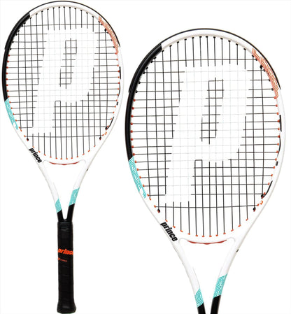 Two Prince Tour 100 310g tennis rackets in black and white, featuring a prominent "P" design on the strings. The rackets have teal and orange accents, a black grip, and are enhanced with TeXtreme technology. The brand name "Prince" stands out on the handle against a simple white background.