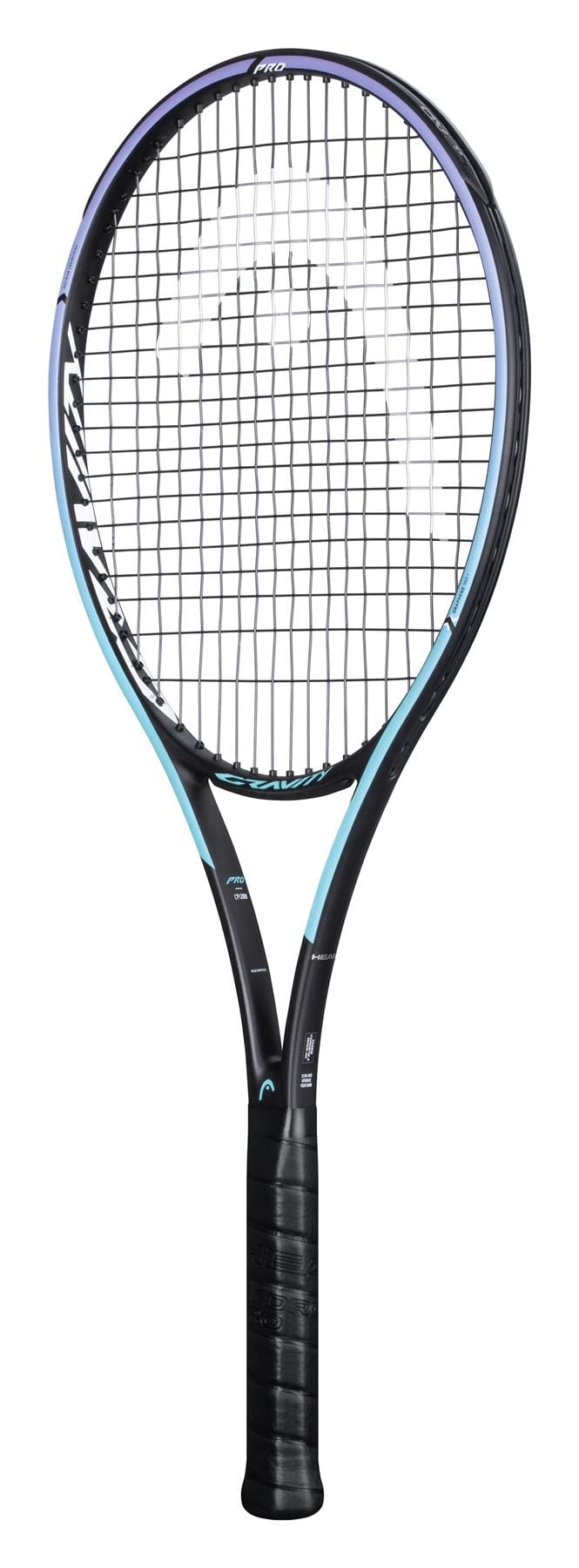 The HEAD Gravity Pro 2021 Tennis Racket in black features a stylish design with a slightly curved frame, enhanced by the Graphene 360+ technology. Its white logo on the strings accentuates the Sweet Zone feature for powerful precision, and the black grip handle provides exceptional comfort.