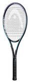 The HEAD Gravity Pro 2021 Tennis Racket in black features a stylish design with a slightly curved frame, enhanced by the Graphene 360+ technology. Its white logo on the strings accentuates the Sweet Zone feature for powerful precision, and the black grip handle provides exceptional comfort.