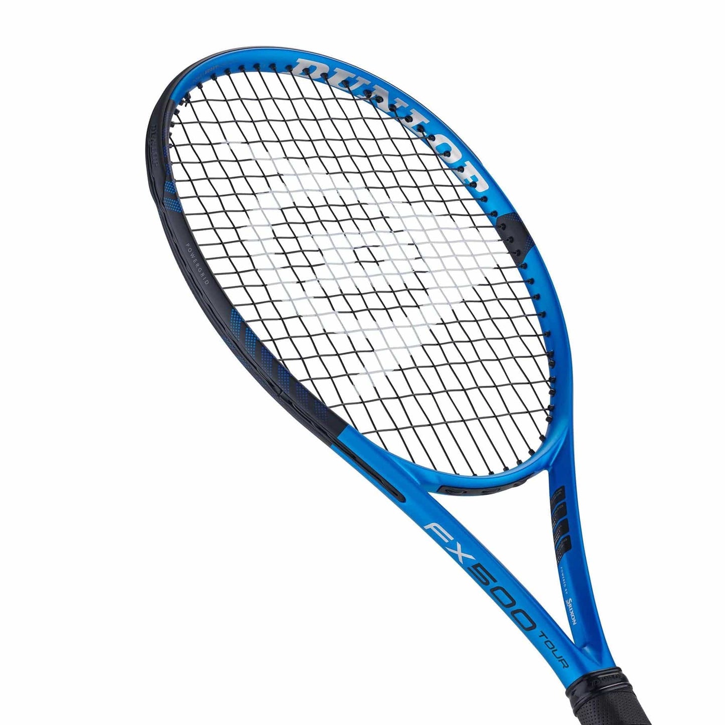 A Dunlop FX 500 Tour 2023 tennis racket in blue and black, featuring black strings and a black grip handle. It is enhanced with Sonic Core technology to boost power. The frame displays "FX500 Tour" in blue text on the black side, with the Dunlop brand name prominently shown in white lettering on the upper portion of the frame.