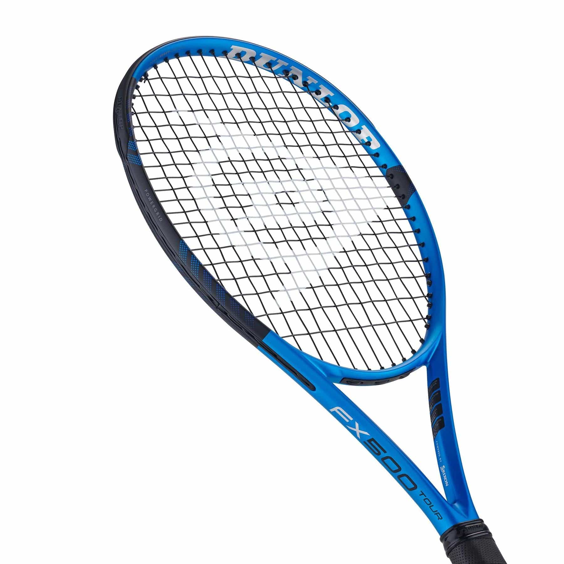 A Dunlop FX 500 Tour 2023 tennis racket in blue and black, featuring black strings and a black grip handle. It is enhanced with Sonic Core technology to boost power. The frame displays "FX500 Tour" in blue text on the black side, with the Dunlop brand name prominently shown in white lettering on the upper portion of the frame.