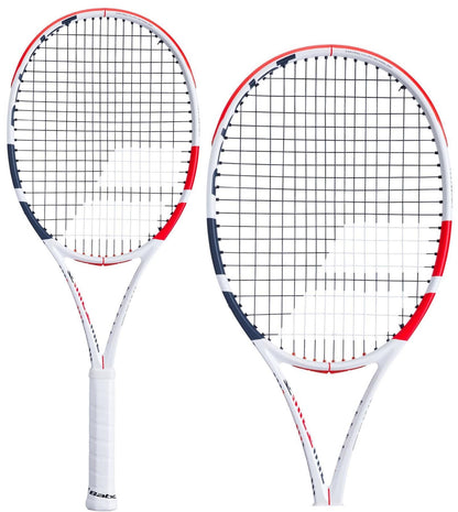 Two Babolat Pure Strike Lite tennis rackets, featuring black strings and frames in white and red with touches of dark blue, showcase the brand logo on the strings. Designed with control technology for precision play, the handles are elegantly wrapped in pristine white for a polished finish.