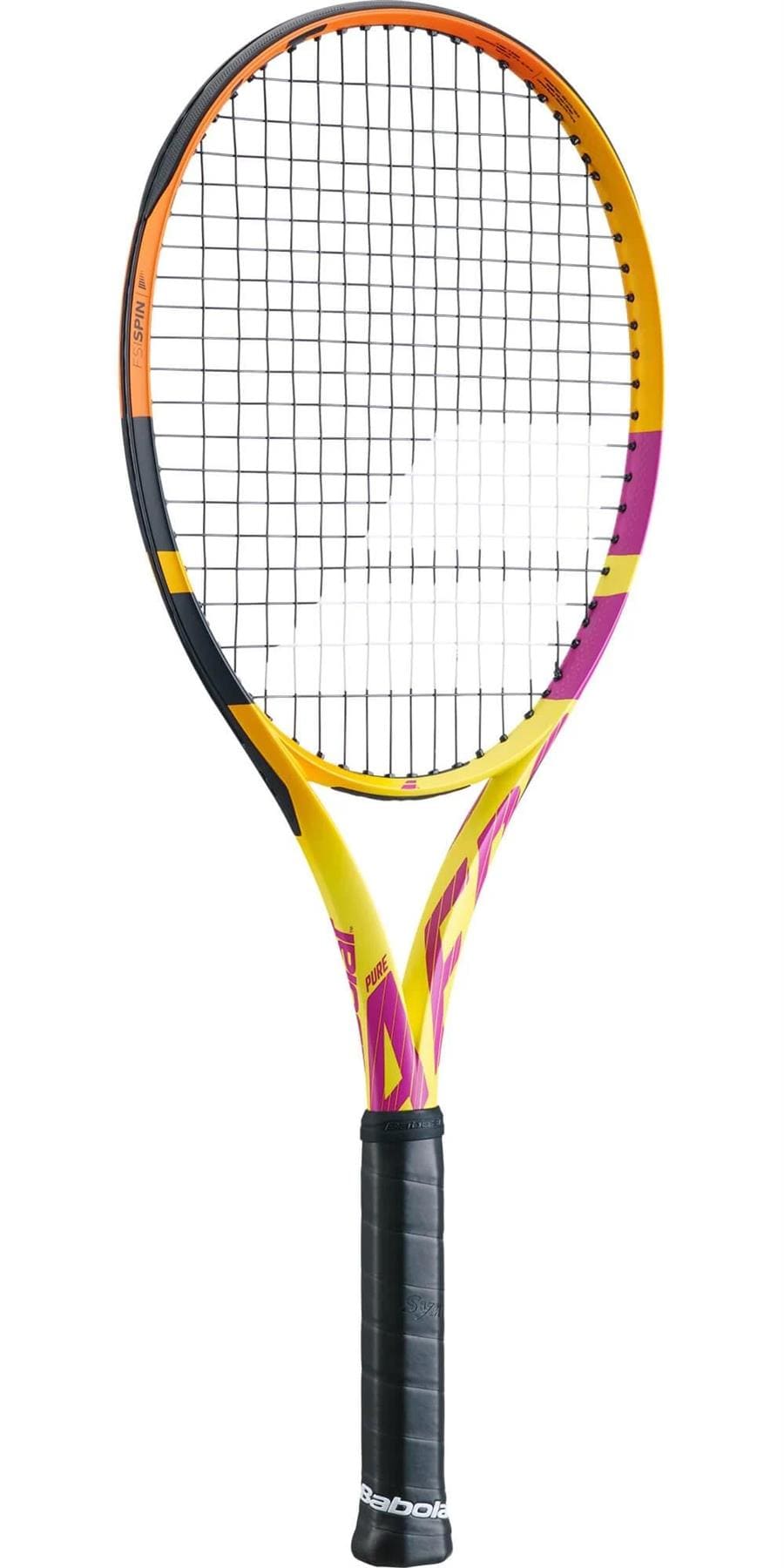 The Babolat Pure Aero RAFA Team Tennis Racket - Yellow Orange Purple (Frame Only) by Babolat is distinguished by its bright and colorful frame, showcasing a vivid blend of yellow, orange, and purple. Its black grip handle pairs perfectly with the crisscross string pattern, engineered for outstanding spin generation on the court.