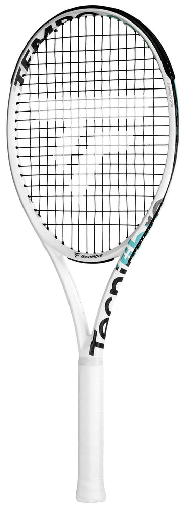 The Tecnifibre Tempo 285 Tennis Racket - White (Frame Only) is a sleek performance racket crafted from graphite, incorporating Isoflex technology. It features black strings, a white handle with grip tape, and the Tecnifibre brand name prominently displayed in black on the frame. A subtle touch of green near the top edge enhances its stylish design.