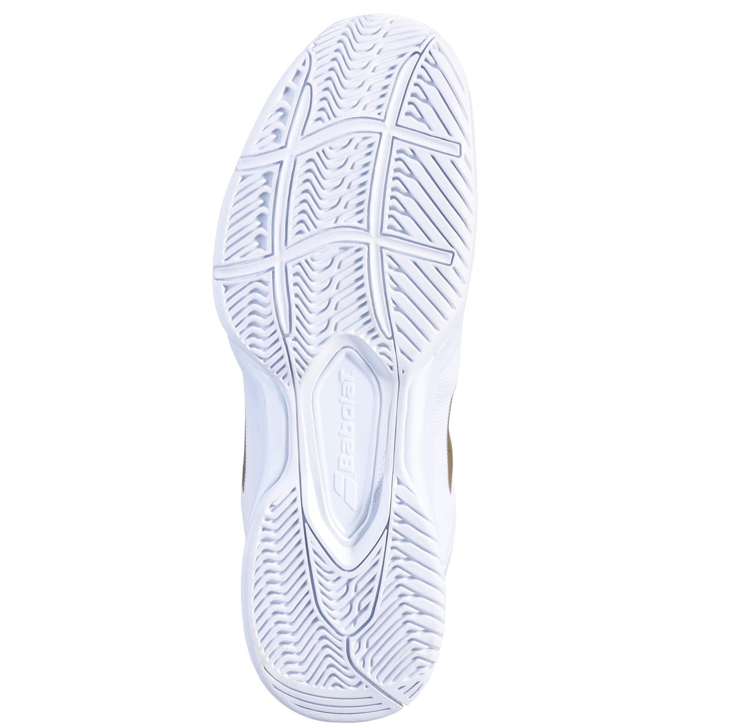 The image features the sole of the Babolat SFX3 All Court Wimbledon Women's Tennis Shoes in white and gold, showcasing a herringbone pattern designed for optimal grip. The "Babolat" branding is prominently embossed at the center, emphasizing its quality craftsmanship. This tennis shoe also includes an Ortholite Molded Insole to provide enhanced comfort and support on the court.