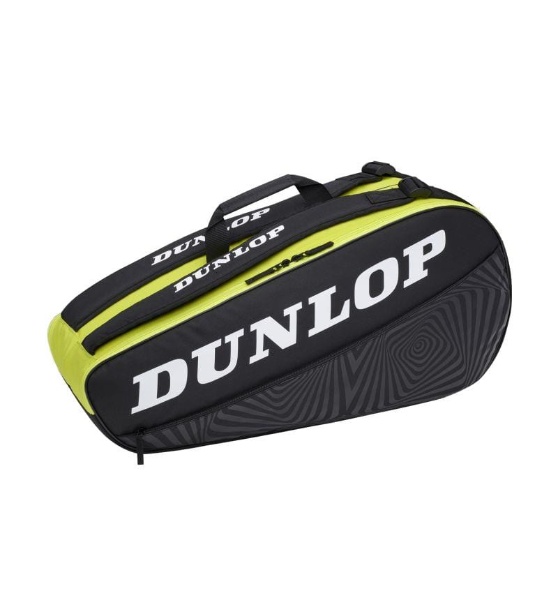 The Dunlop SX-Club 6 Racket Tennis Bag in black and yellow features a zippered shoe compartment and is designed to hold up to six rackets, with the Dunlop logo displayed prominently in white on the side.