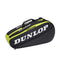 The Dunlop SX-Club 6 Racket Tennis Bag in black and yellow features a zippered shoe compartment and is designed to hold up to six rackets, with the Dunlop logo displayed prominently in white on the side.