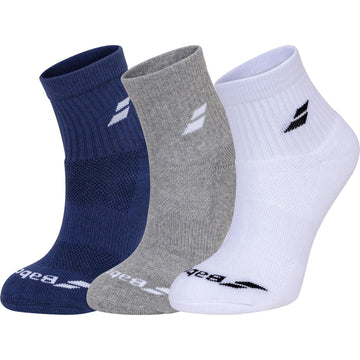 The Babolat Quarter Socks 3 Pack in white, blue, and grey offers optimal comfort, featuring a subtle logo near the top and across the toe of each pair. Designed for breathability, these socks are displayed upright side by side.