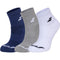 The Babolat Quarter Socks 3 Pack in white, blue, and grey offers optimal comfort, featuring a subtle logo near the top and across the toe of each pair. Designed for breathability, these socks are displayed upright side by side.