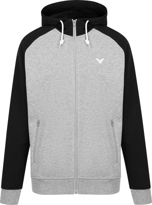 Introducing the Victor Sweater Jacket V-13400 H by Victor: a gray zip-up hooded sweater featuring black sleeves and a small white logo on the chest. This jacket includes a drawstring hood and side pockets, ensuring a comfortable fit. Its simple and sporty design makes it perfect for both sports and leisure activities.