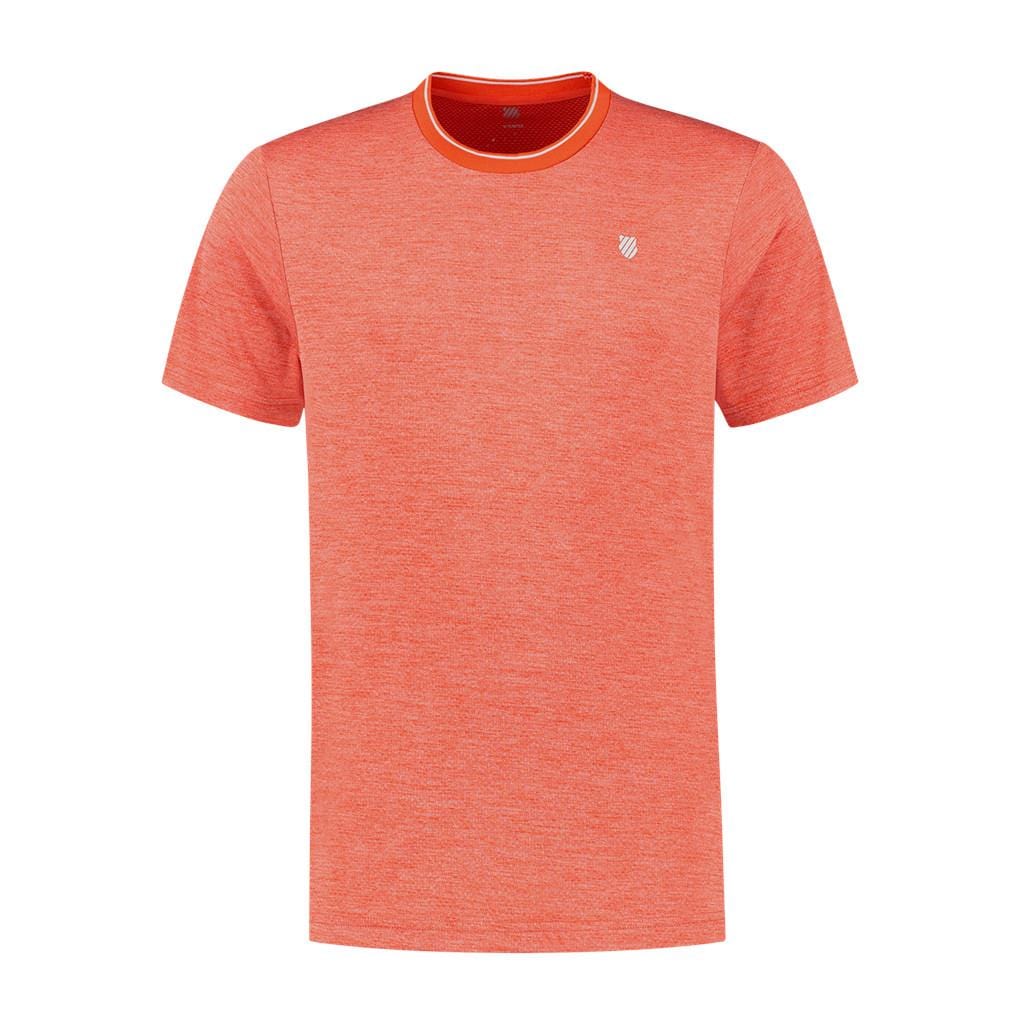 The K-Swiss Hypercourt Double Crew Men's T-Shirt in Spicy Orange features a heathered design with short sleeves and a subtle white logo on the left chest. Designed for optimal comfort, this shirt includes a round neckline with slightly darker orange trim, making it an ideal choice for those aiming for peak performance.