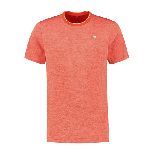 The K-Swiss Hypercourt Double Crew Men's T-Shirt in Spicy Orange features a heathered design with short sleeves and a subtle white logo on the left chest. Designed for optimal comfort, this shirt includes a round neckline with slightly darker orange trim, making it an ideal choice for those aiming for peak performance.