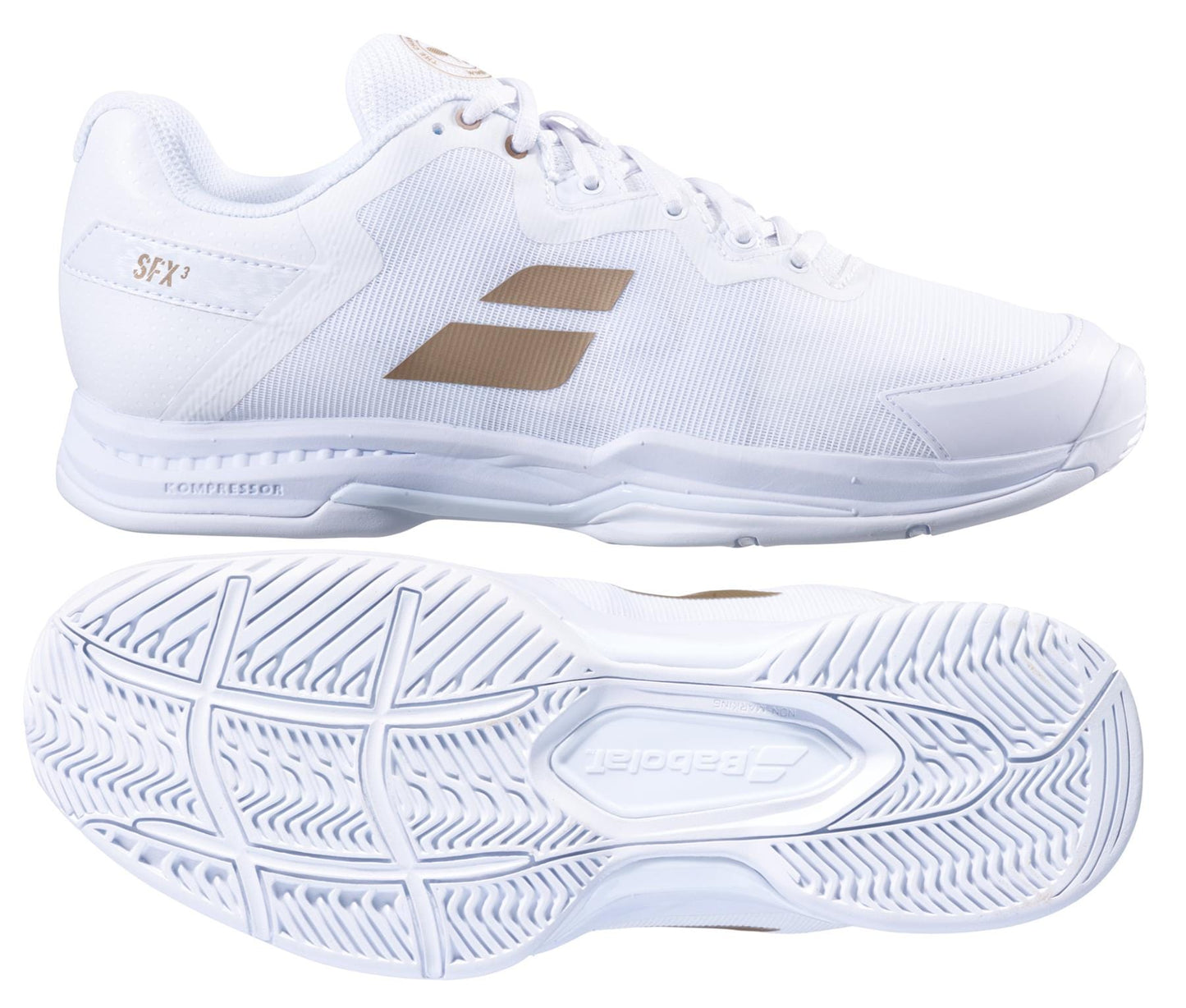 A pair of white Babolat SFX3 All Court Wimbledon Women's Tennis Shoes featuring textured soles. The top shoe displays a subtle gold logo on the side, while the bottom reveals the tread pattern and brand imprint, complete with an Ortholite Molded Insole for enhanced comfort.