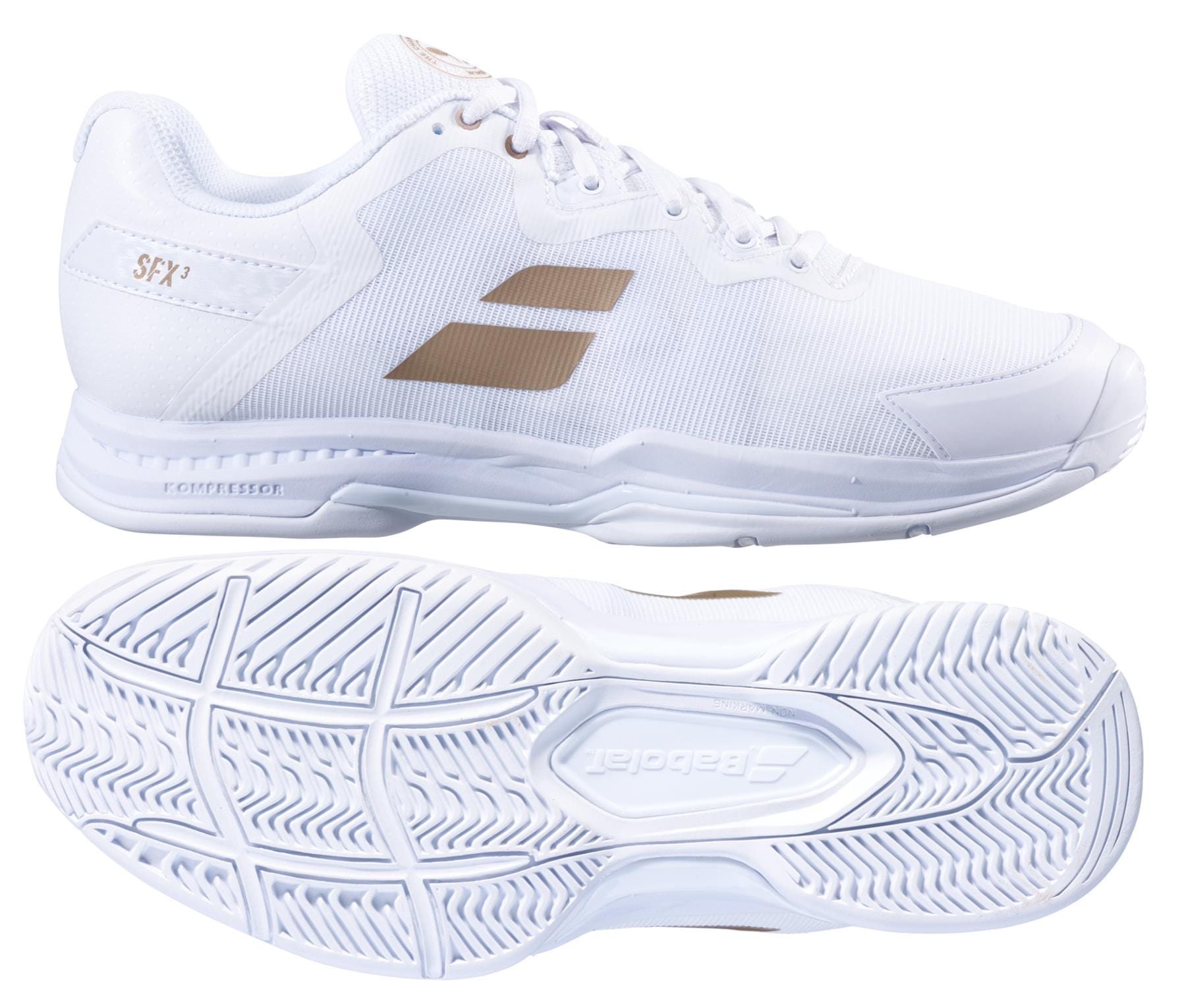 A pair of white Babolat SFX3 All Court Wimbledon Women's Tennis Shoes featuring textured soles. The top shoe displays a subtle gold logo on the side, while the bottom reveals the tread pattern and brand imprint, complete with an Ortholite Molded Insole for enhanced comfort.