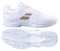 A pair of white Babolat SFX3 All Court Wimbledon Women's Tennis Shoes featuring textured soles. The top shoe displays a subtle gold logo on the side, while the bottom reveals the tread pattern and brand imprint, complete with an Ortholite Molded Insole for enhanced comfort.