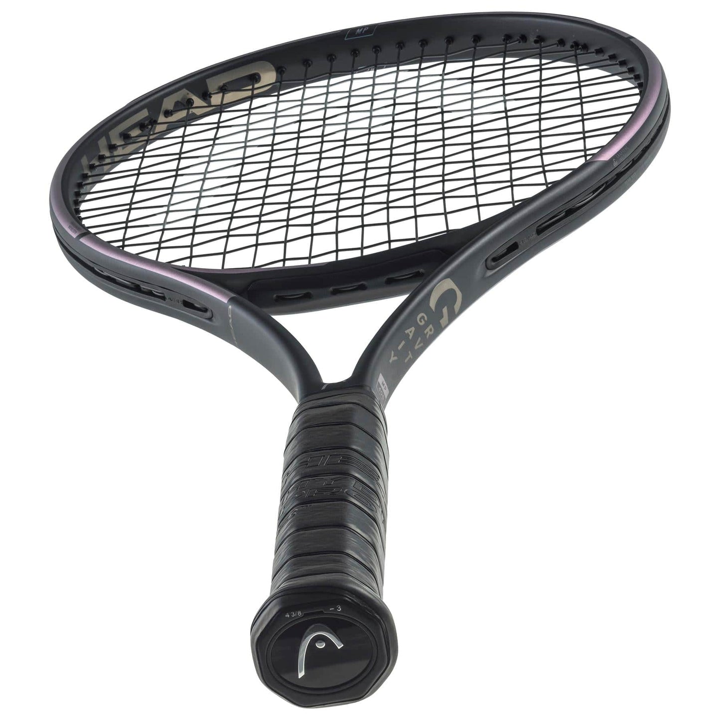 The HEAD Gravity MP 2023 Tennis Racket - Black is designed with an enormous sweetspot and innovative Auxetic technology. Its black frame, adorned with the HEAD brand name, features a mesh string pattern, while the handle is wrapped in black grip tape with the logo at its base.